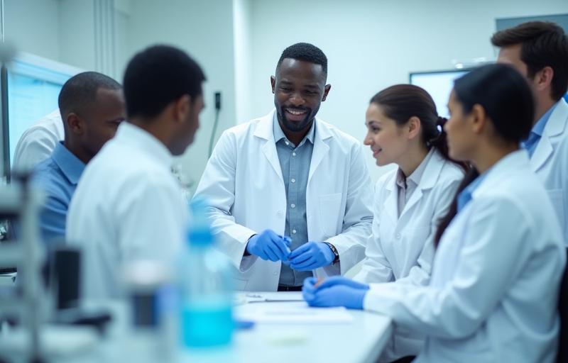 Team members collaborating in a laboratory.