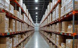 Warehouse shelves with boxes of cosmetic products.